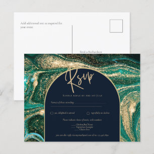 Emerald Green Gold Agate Marble Wedding RSVP Postkarte