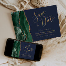 Emerald Green Gold Agate Navy Blue Save the Date