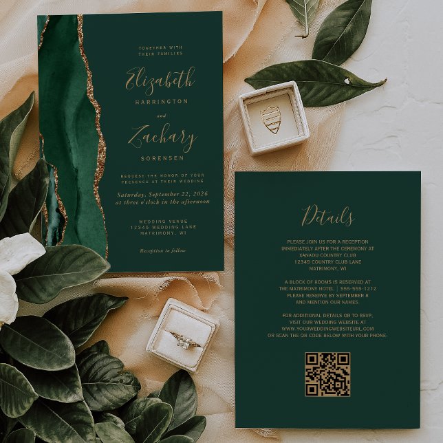 Emerald Green Gold Agate QR Code Wedding Einladung (Von Creator hochgeladen)