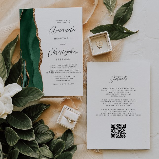Emerald Green Gold Agate QR Code Wedding Einladung (Von Creator hochgeladen)