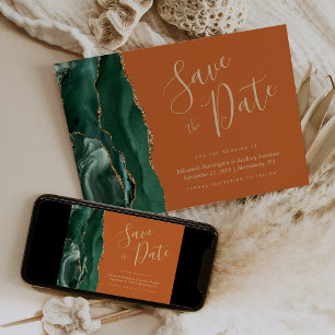 Emerald Green Gold Agate Rust Save the Date Card Einladung