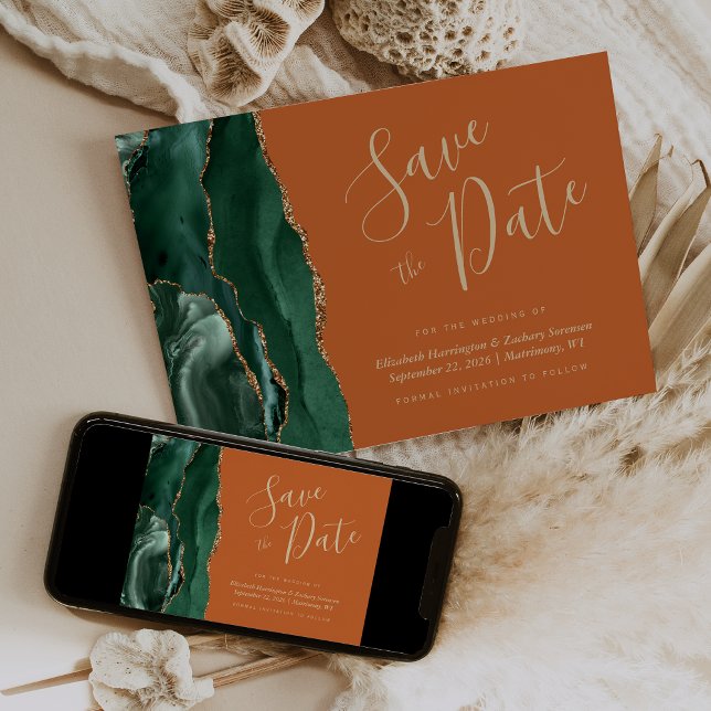 Emerald Green Gold Agate Rust Save the Date Card Einladung (Von Creator hochgeladen)