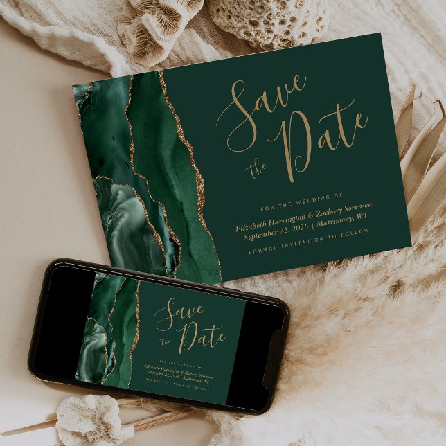 Emerald Green Gold Agate Save the Date Card Einladung (Von Creator hochgeladen)
