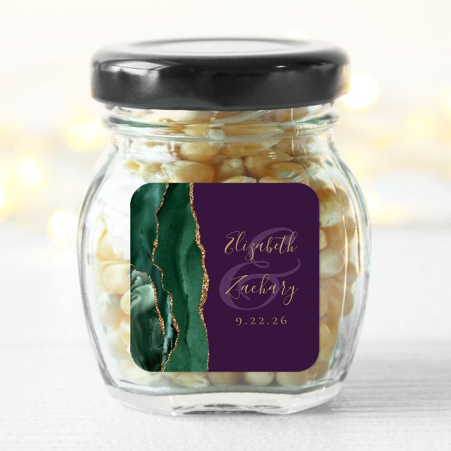 Emerald Green Gold Agate Script Lila Hochzeit Quadratischer Aufkleber (Von Creator hochgeladen)