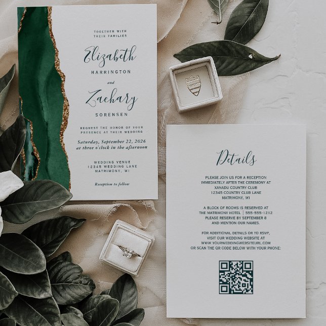 Emerald Green Gold Agate Script QR Code Hochzeit Einladung (Von Creator hochgeladen)
