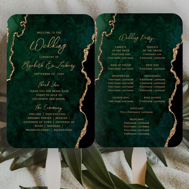 Emerald Green Gold Agate Script Wedding Program Fächer (Von Creator hochgeladen)