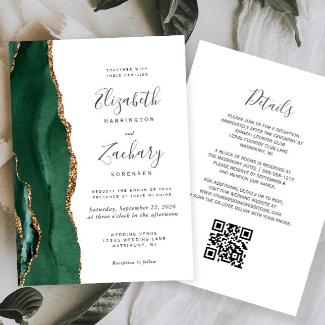 Emerald Green Gold Agate White QR Code Hochzeit Einladung (Von Creator hochgeladen)