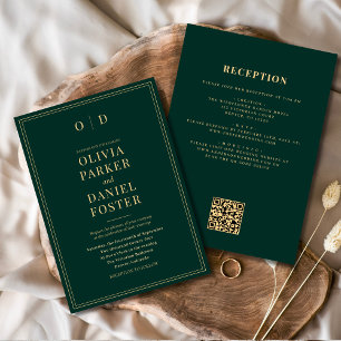 Emerald Green Gold All in One QR Code Wedding Einladung