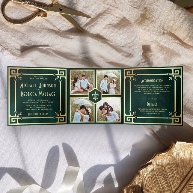 Emerald Green Gold Art Deco Foto Collage Wedding Dreifach Gefaltete Einladung (Von Creator hochgeladen)