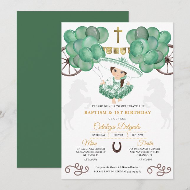 Emerald Green & Gold Baby Charra Mexikanische Tauf Einladung (Vorne/Hinten)