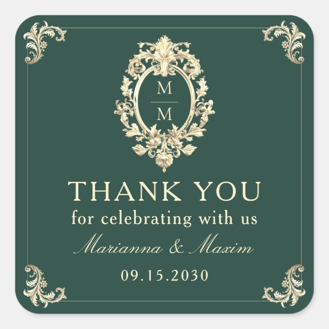 Emerald Green Gold Baroque Wedding Vielen Dank Quadratischer Aufkleber (Vorderseite)
