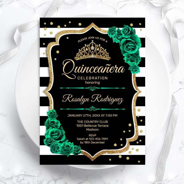Emerald Green Gold Black Elegante Quinceanera Einladung (Von Creator hochgeladen)