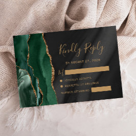 Emerald Green Gold Black Watercolor Agate Wedding RSVP Karte