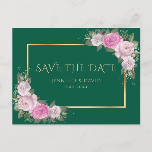 Emerald Green Gold Blink Pink Floral Save the Date Ankündigungspostkarte (Vorderseite)