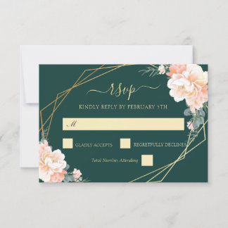 Emerald Green Gold Blush Peach Floral Wedding RSVP