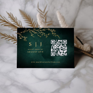 Emerald Green & Gold Botanical QR Code Wedding RSVP Karte