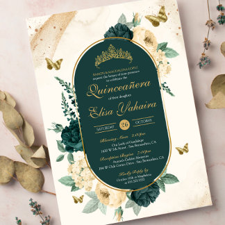 Emerald Green Gold Butterfly Floral Quinceañera Einladung