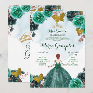 Emerald Green & Gold Butterfly Mis Quince 2 Einladung