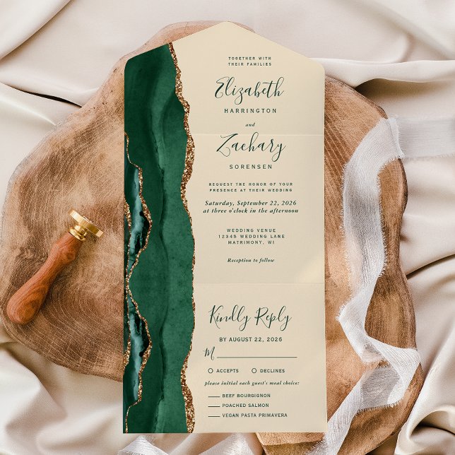 Emerald Green Gold Champagne Meal Options Wedding All In One Einladung (Von Creator hochgeladen)