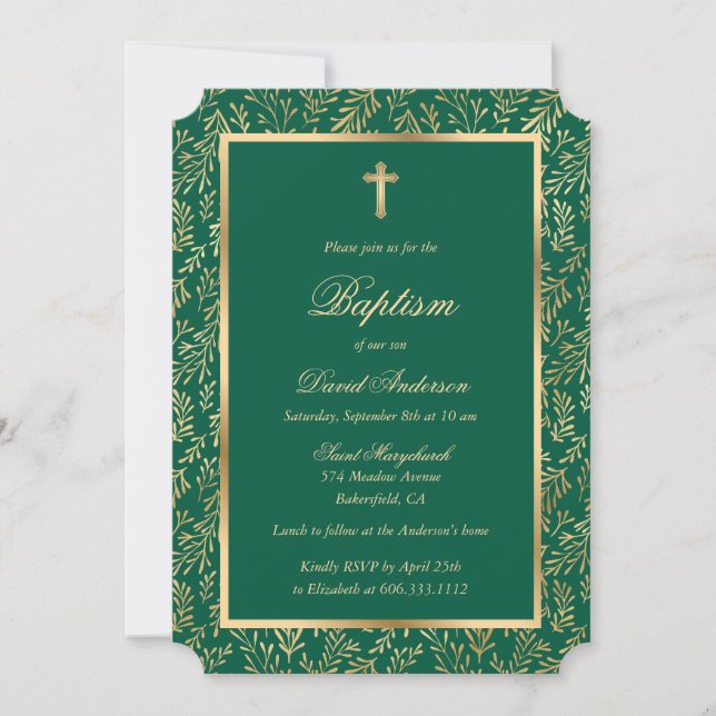 Emerald Green Gold Cross Script Grüne Taufe Einladung (Vorderseite)