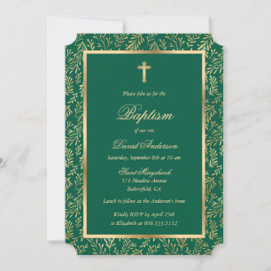 Emerald Green Gold Cross Script Grüne Taufe Einladung