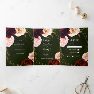Emerald Green Gold Dark Floral Trifold Wedding Dreifach Gefaltete Einladung