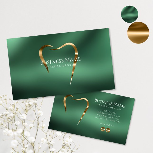 Emerald Green & Gold Dentist Business Card Visitenkarte (Von Creator hochgeladen)