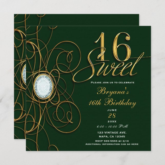 Emerald Green & Gold Diamond Sweet 16 Geburtstag Einladung (Vorne/Hinten)