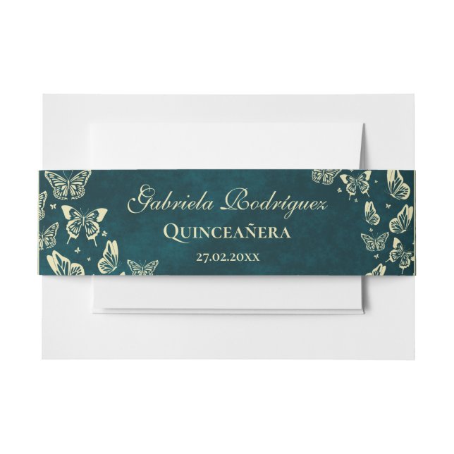 Emerald Green Gold Elegant Butterfly Quinceñera Einladungsbanderole (Vorderseite Beispiel)