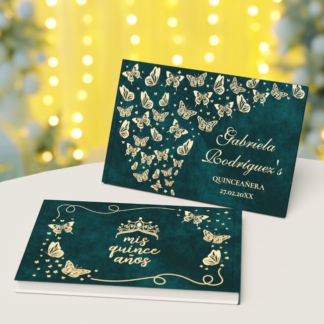 Emerald Green Gold Elegant Butterfly Quinceñera Gästebuch (Emerald Green Gold Elegant Butterfly Quinceañera Foil Guest Book)