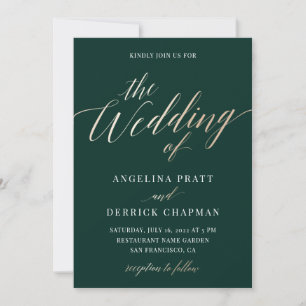 Emerald Green Gold Elegante Calligrafy Wedding in Einladung