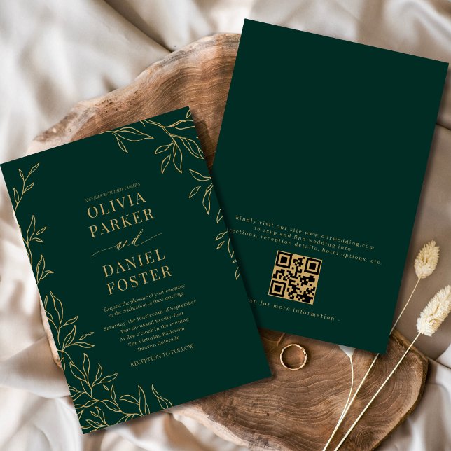 Emerald Green Gold Elegante QR Code Hochzeit Einladung (Von Creator hochgeladen)