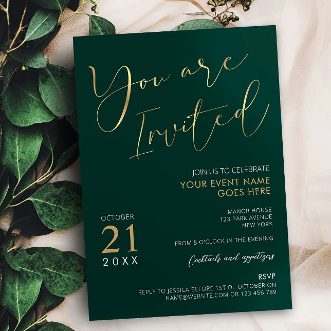 Emerald Green & Gold Elegante Script Company Event Einladung (Elegant emerald green and gold effects You Are Invited event invitations)
