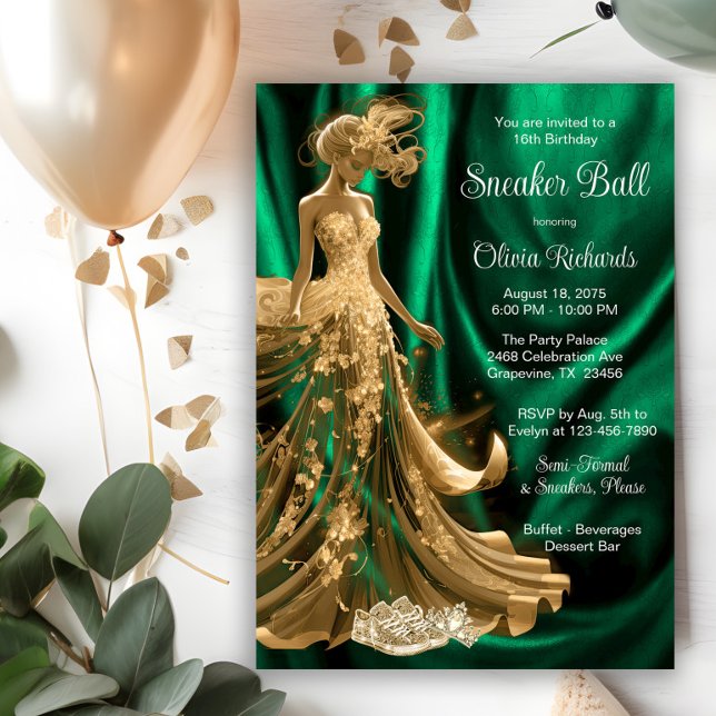 Emerald Green Gold Eleganter Sneaker Ball Einladung (Emerald green gold sneaker ball invitation. All text, font and wording can be changed for your event)