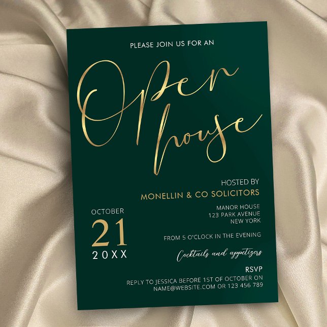 Emerald Green & Gold Elegantes Business Open House Einladung (Professional company open house event green and gold calligraphy invitations for business)