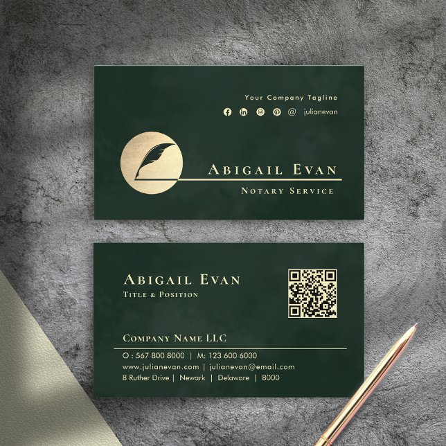 Emerald Green Gold Feather Logo Notary Service Visitenkarte (Emerald Green Gold Feather Logo Notary Service Business Card)
