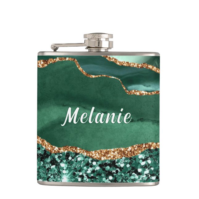 Emerald Green Gold Flask mit Individuelle Name Flachmann (Vorderseite)