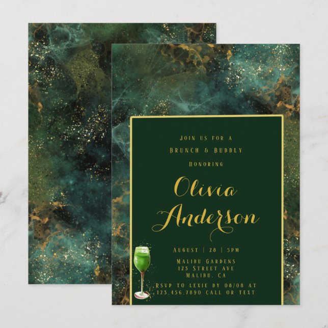 Emerald Green & Gold Fleck Brunch & Bubbly Einladung (Vorne/Hinten)