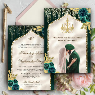 Emerald Green Gold Floral Anand Karaj Sikh Wedding Einladung