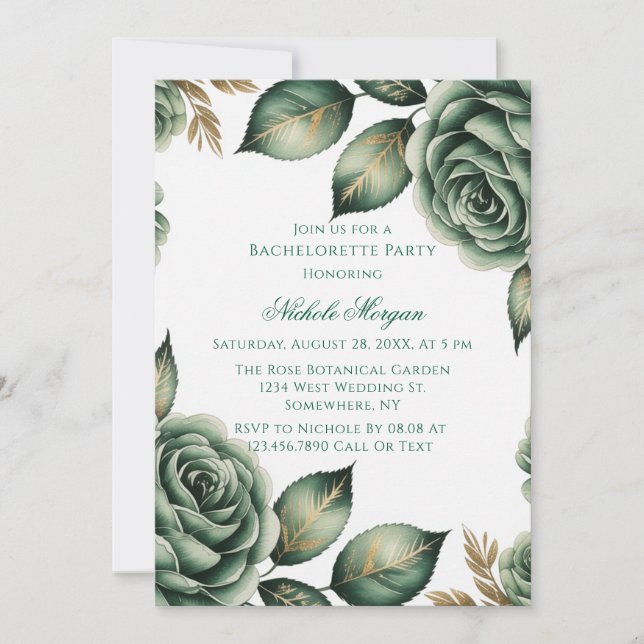 Emerald Green & Gold Floral Bachelorette Party Einladung (Vorderseite)