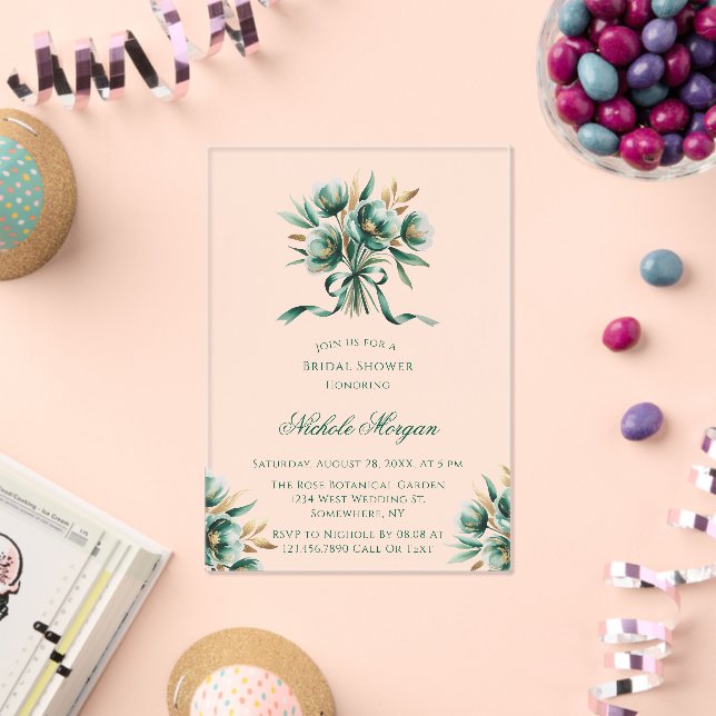 Emerald Green & Gold Floral Bridal Shower Acryleinladungen (Insitu (Feier))