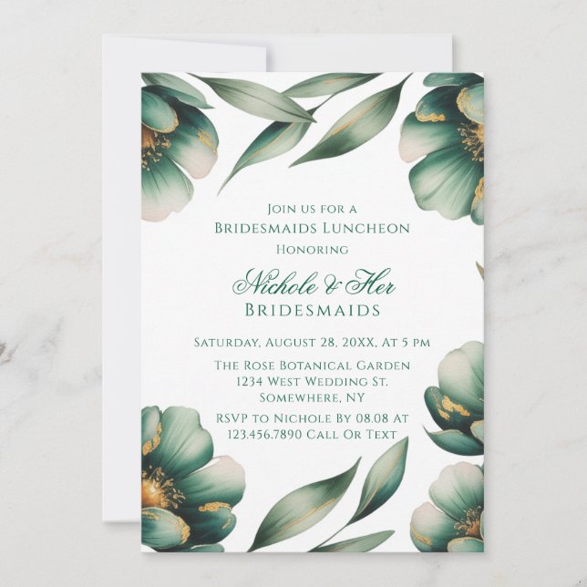 Emerald Green & Gold Floral Bridesmaids Luncheon Einladung (Vorderseite)