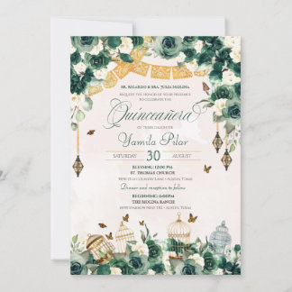 Emerald Green Gold Floral Butterfets Quinceanera Einladung