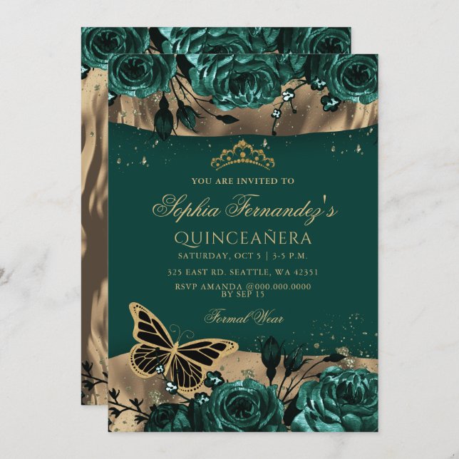 Emerald Green Gold Floral Butterfly Quinceañera Einladung (Vorne/Hinten)