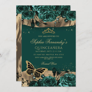Emerald Green Gold Floral Butterfly Quinceañera Einladung