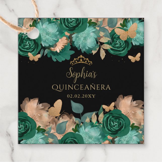 Emerald Green Gold Floral Butterfly Quinceañera Geschenkanhänger (Vorderseite)