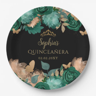 Emerald Green Gold Floral Butterfly Quinceañera Pappteller