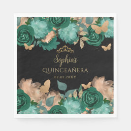 Emerald Green Gold Floral Butterfly Quinceañera Serviette