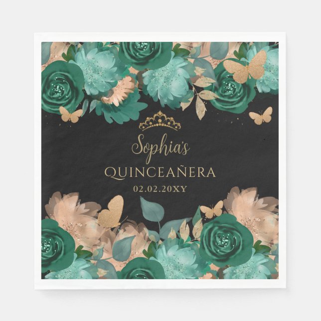 Emerald Green Gold Floral Butterfly Quinceañera Serviette (Vorderseite)