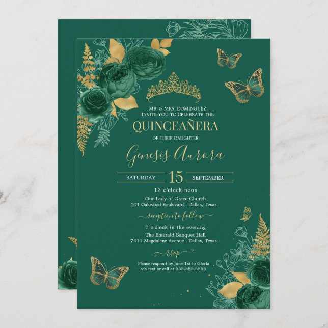 Emerald Green & Gold Floral Butterfly Quinceñera Einladung (Vorne/Hinten)